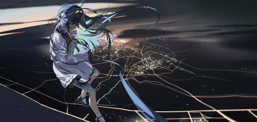 1girl, black_shoes, blonde_hair, blue_eyes, blue_hair, chinese_commentary, city_lights, cloud