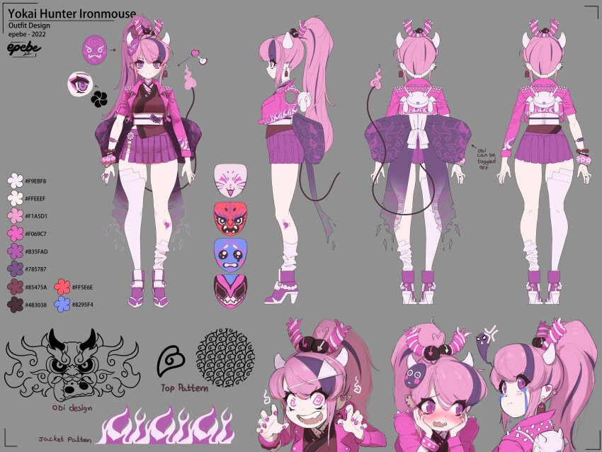 1girl, @_@, asymmetrical_legwear, blush, commentary, cropped_jacket, demon_girl, demon_horns