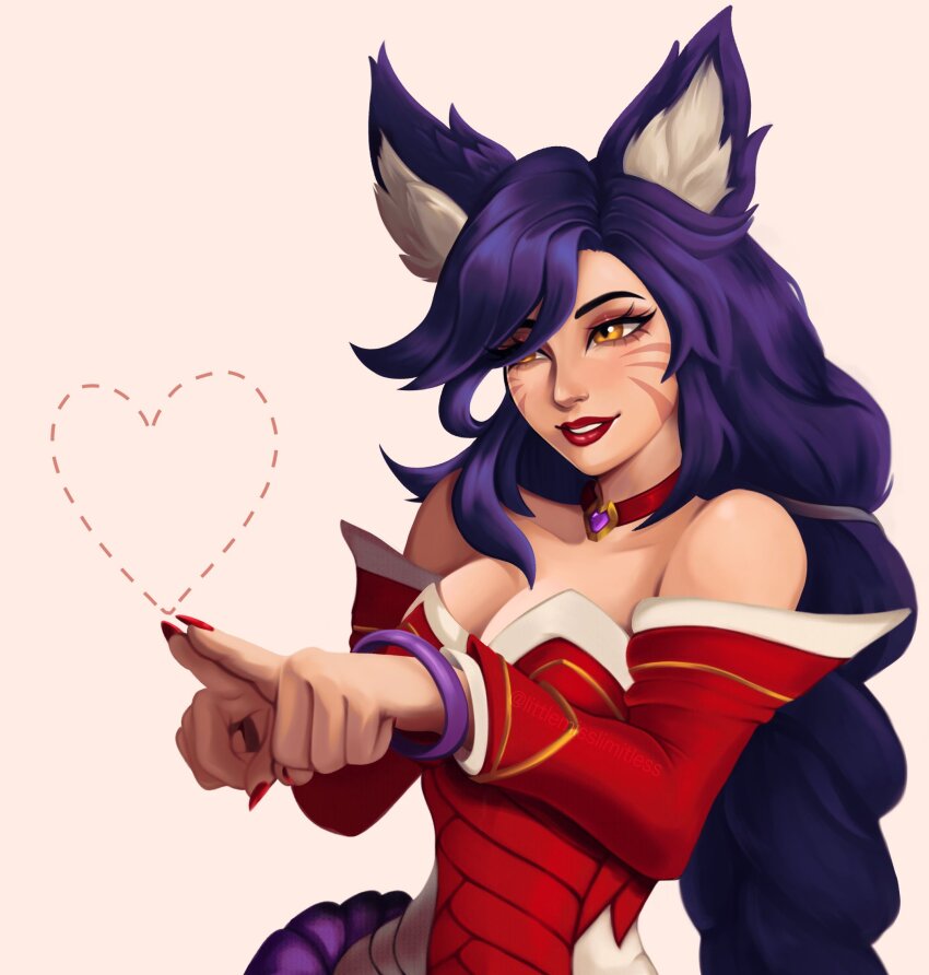 1girl, 2xko, ahri_(league_of_legends), animal_ears, bare_shoulders, bracelet, breasts, commentary, detached_sleeves, dress, english_commentary, facial_mark, fingernails, fox_ears, fox_girl, heart, highres, jewelry, large_breasts, league_of_legends, long_fingernails, long_hair, low-tied_long_hair, misseslimitless, necklace, purple_hair, red_dress, red_nails, simple_background, solo, upper_body, whisker_markings, white_background, yellow_eyes