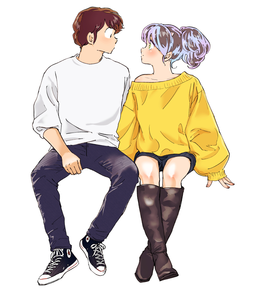 1boy, 1girl, absurdres, black_eyes, black_shoes, blue_hair, boots, brown_boots