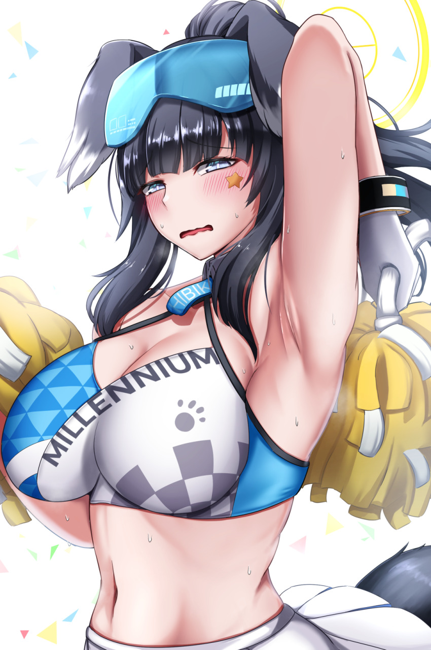 1girl, animal_ears, arm_up, armpit_focus, armpits, black_hair, blue_archive, blue_eyes