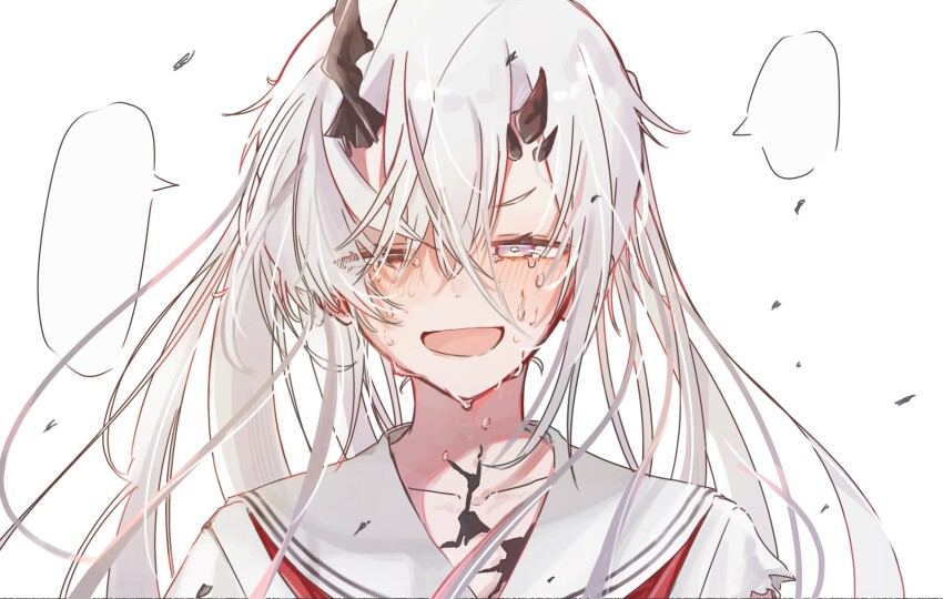 1girl, 909_(reverseblue), asymmetrical_horns, black_horns, commentary_request, crying, crying_with_eyes_open, grey_eyes