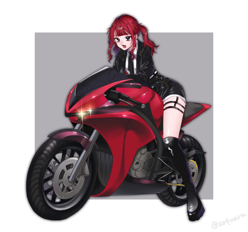 1girl, black_boots, black_jacket, black_necktie, boots, collared_shirt, double-t_(grand_theft_auto), grand_theft_auto, grand_theft_auto_v, headlight_beam, highres, jacket, knee_boots, motor_vehicle, motorcycle, necktie, on_motorcycle, red_hair, shirt, sidelocks, so4_(so4maru), solo, thighs, twintails, vehicle_focus, white_shirt