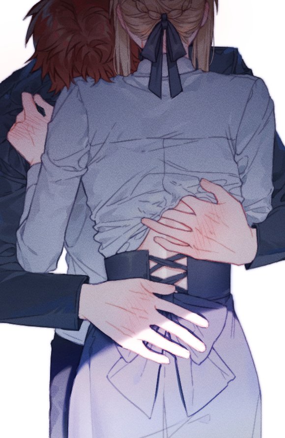 1boy, 1girl, affectionate, artoria_pendragon_(fate), baboteolsegongsa, blonde_hair, blue_skirt, bow, couple, dress, emiya_shirou, fate/stay_night, fate_(series), hair_bow, hug, long_sleeves, red_hair, saber_(fate), shirt, skirt, t-shirt