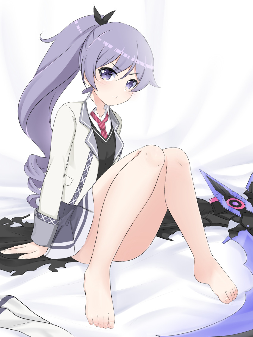 1girl, absurdres, barefoot, feet, highres, light_blush, long_hair, looking_at_viewer