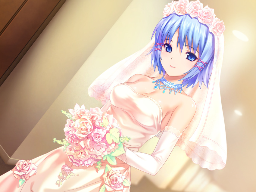 1girl, baseboard, blue_eyes, blue_hair, bouquet, breasts, bridal_veil, ceiling_light
