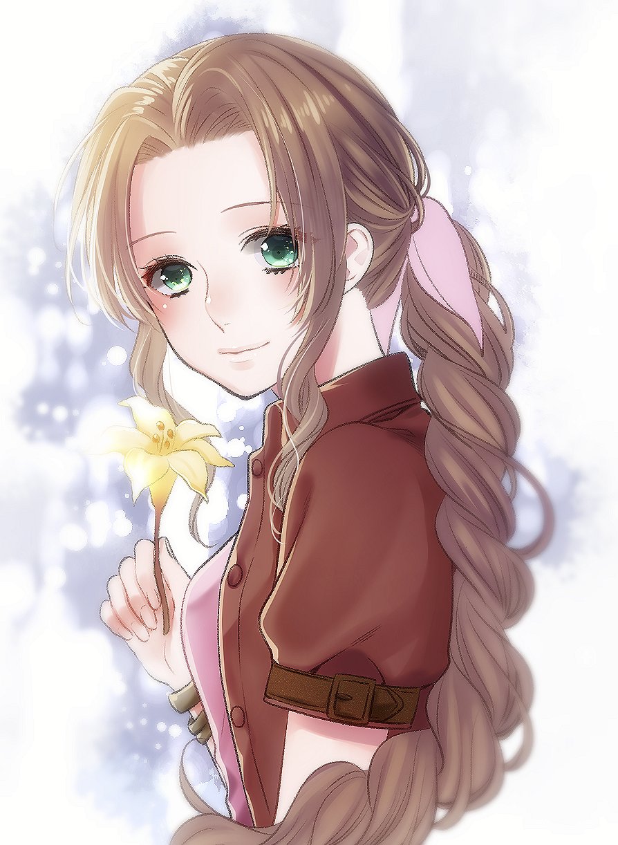 1girl, aerith_gainsborough, bracelet, braid, breasts, brown_hair, commentary_request, final_fantasy