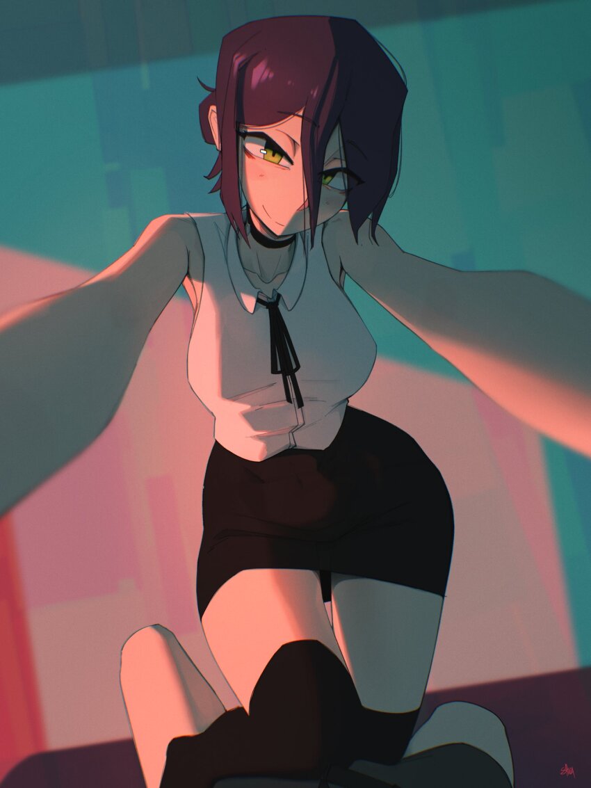 1girl, black_choker, black_ribbon, black_skirt, breasts, chainsaw_man, choker, closed_mouth