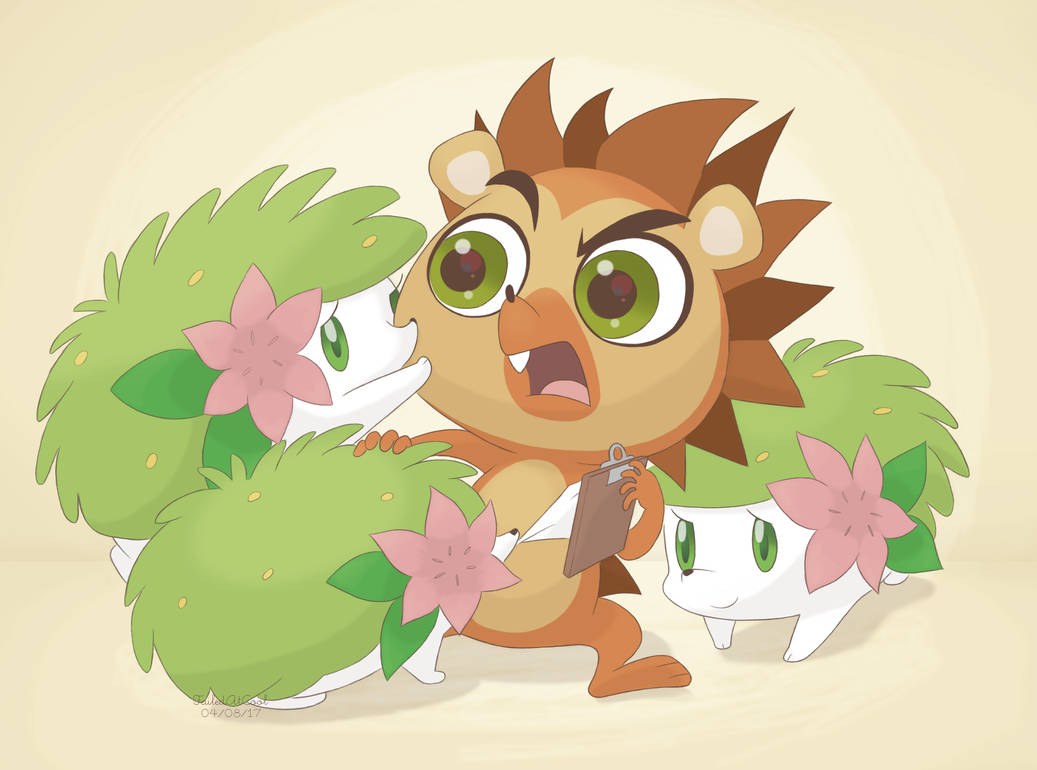 1boy, 1other, angry, clipboard, commentary, dumbmoredumb, flower, gen_4_pokemon, grass, green_eyes, green_fur, hedgehog, hedgehog_boy, holding, holding_back, holding_clipboard, legendary_pokemon, littlest_pet_shop, littlest_pet_shop_(2012), mythical_pokemon, nintendo, orange_fur, paper, pink_flower, pokemon, pokemon_(creature), pushing_away, russell_ferguson, shaymin, shaymin_(land), species_connection, yellow_background