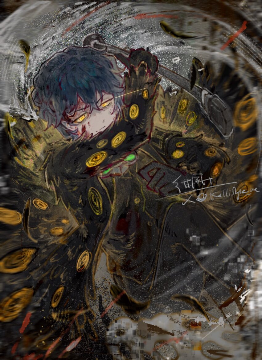 1boy, black_coat, black_fur, black_gloves, black_jacket, black_pants, black_suit, blood, blood_on_face, blue_hair, coat, commentary, diffraction_(e.g.o), e.g.o_(project_moon), english_commentary, formal_clothes, fur-trimmed_coat, fur_trim, gloves, glowing, glowing_eyes, highres, hohenheim_(project_moon), holding, holding_weapon, jacket, kalliope_orc, lamp_(e.g.o), limbus_company, male_focus, night_vision_device, official_alternate_costume, pants, project_moon, short_hair, slashing, solo, suit, suit_jacket, sweatdrop, weapon, yellow_eyes