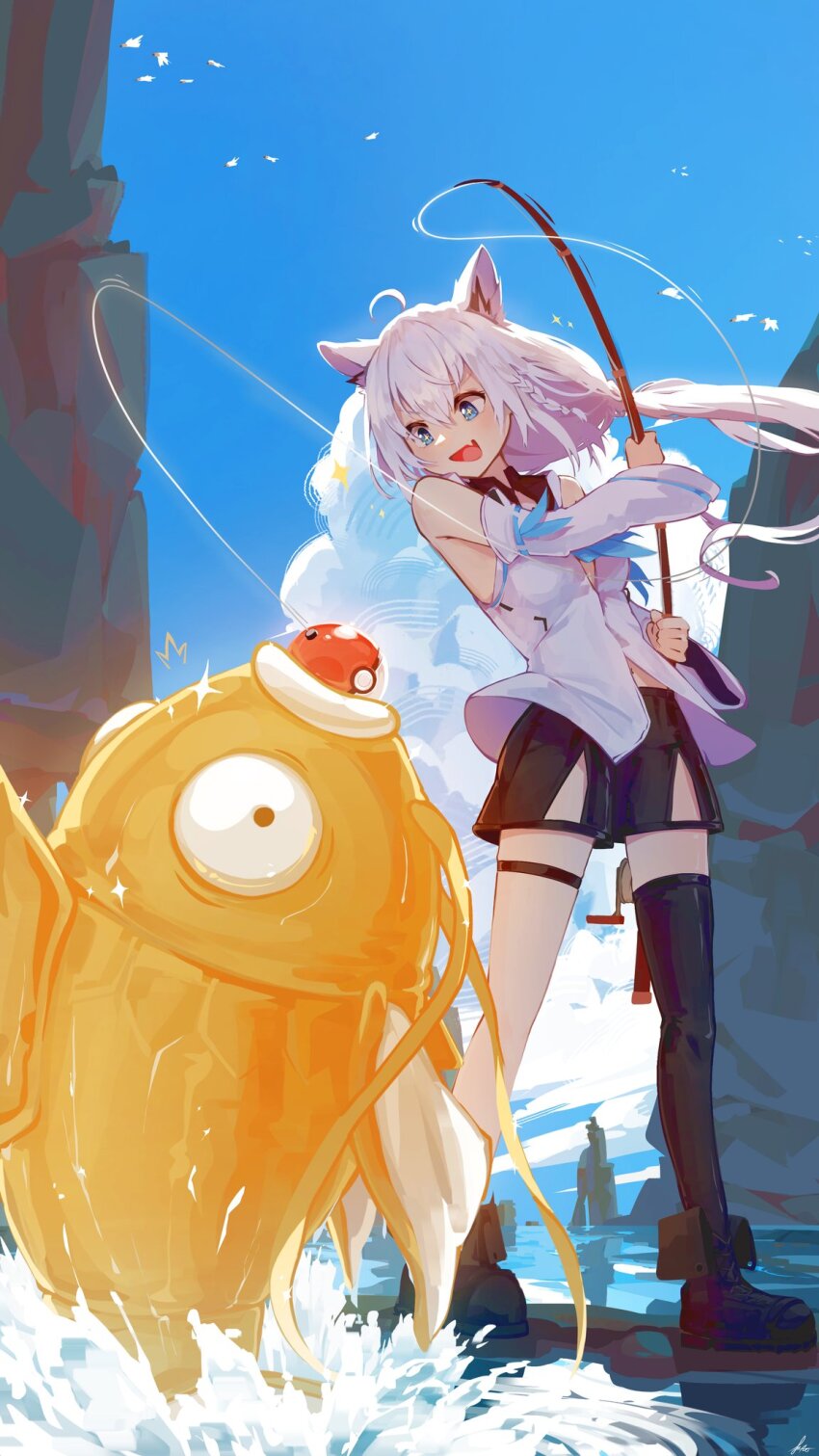 1girl, a0s0l, ahoge, alternate_color, animal_ear_fluff, animal_ears, aqua_eyes, black_boots, black_shorts, blue_sky, boots, braid, cloud, commentary_request, fishing, fishing_line, fishing_rod, fox_ears, fox_girl, fox_tail, gen_1_pokemon, highres, holding, holding_fishing_rod, hololive, magikarp, nintendo, poke_ball, poke_ball_(basic), pokemon, shiny_pokemon, shirakami_fubuki, shirakami_fubuki_(1st_costume), short_shorts, shorts, side_braid, single_braid, single_thighhigh, sky, splashing, tail, thighhighs, virtual_youtuber, water, white_hair