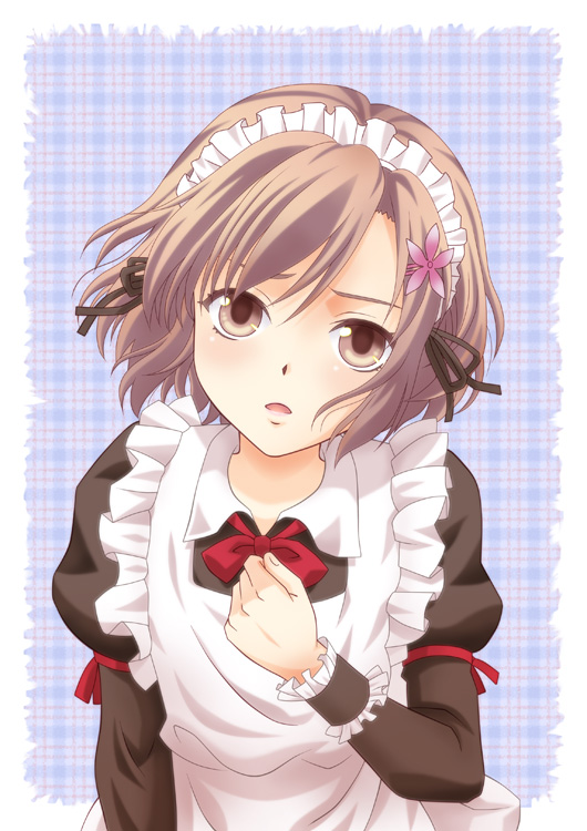 10s, 1girl, apron, blush, boku_wa_tomodachi_ga_sukunai, bow, brown_eyes, brown_hair