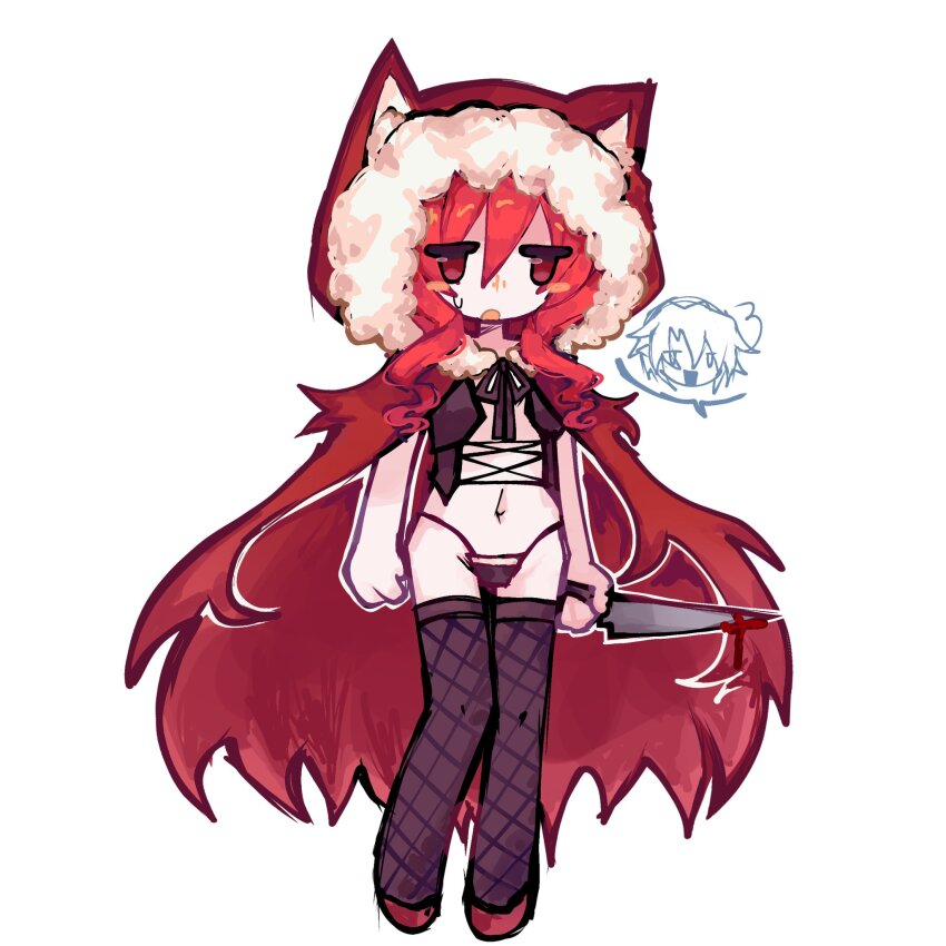 1girl, animal_ears, black_corset, black_ribbon, black_souls, blood, bloody_weapon, cape, colored_skin, corset, fishnets, funamusea, hijoushiki_roc, holding, holding_knife, hood, hooded_cape, jitome, knife, lobco_(funamusea), lobster_girl, mob_face, navel, oounabara_to_wadanohara, open_mouth, red_cape, red_eyes, red_hair, red_hood, red_hood_(black_souls), red_shoes, ribbon, sam_(sillylinariafan), shoes, small_sweatdrop, speech_bubble, spoken_character, weapon, white_background, white_skin