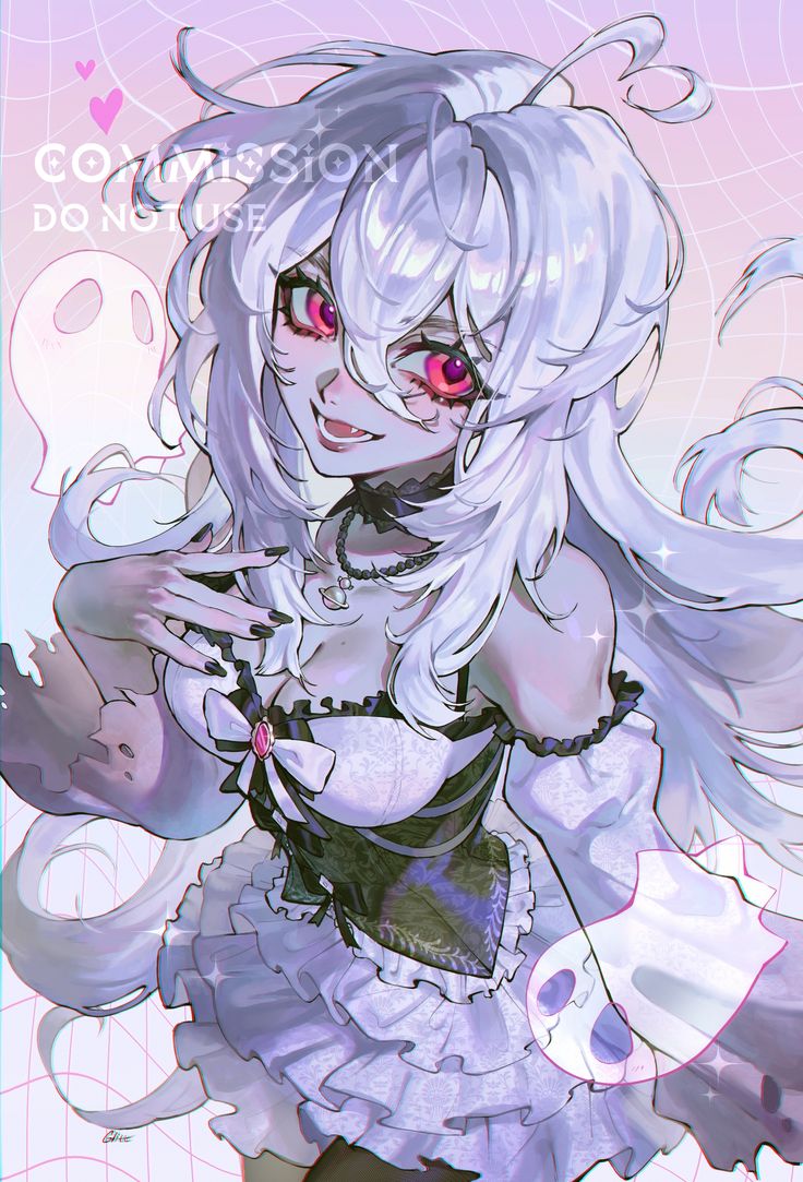 1girl, ahoge, bell, black_choker, black_corset, black_nails, choker, colored_skin, corset, dress, frilled_skirt, frills, glittermoonie, grey_skin, heart, heart_ahoge, jingle_bell, layered_skirt, non-web_source, pink_eyes, skirt, white_dress, white_hair