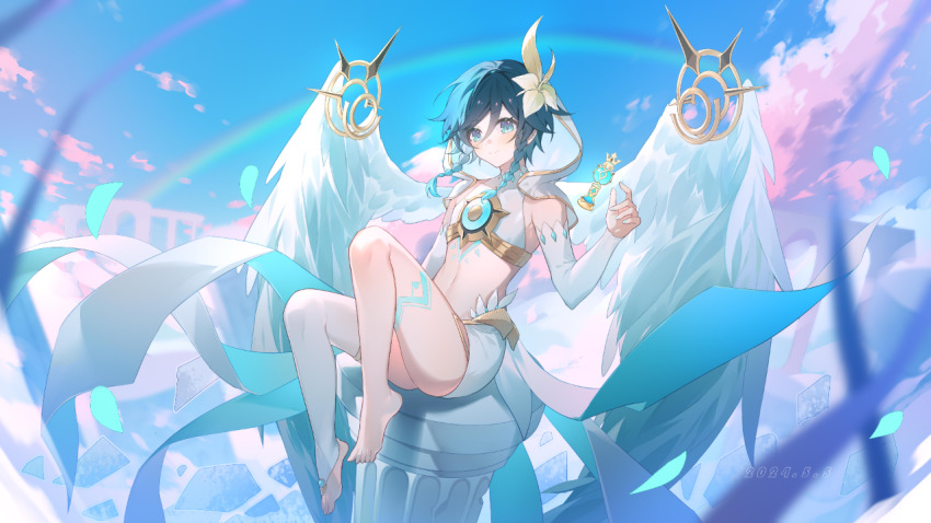1boy, androgynous, aqua_hair, barefoot, black_hair, blue_eyes, blue_hair, braid, capelet, chest_tattoo, chinese_commentary, closed_mouth, cloud, cloudy_sky, commentary_request, crop_top, day, elbow_gloves, feathered_wings, flower, genshin_impact, gloves, gradient_hair, green_eyes, hair_flower, hair_ornament, hood, hood_down, hooded_capelet, jia_ri_fan_mai_ji, leg_tattoo, looking_at_viewer, male_focus, midriff, multicolored_hair, navel, official_alternate_costume, outdoors, pillar, rainbow, short_hair_with_long_locks, shorts, single_thighhigh, sky, sleeveless, smile, solo, tattoo, thighhighs, trap, twin_braids, venti_(archon)_(genshin_impact), venti_(genshin_impact), white_flower, white_gloves, white_shorts, white_thighhighs, white_wings, wings