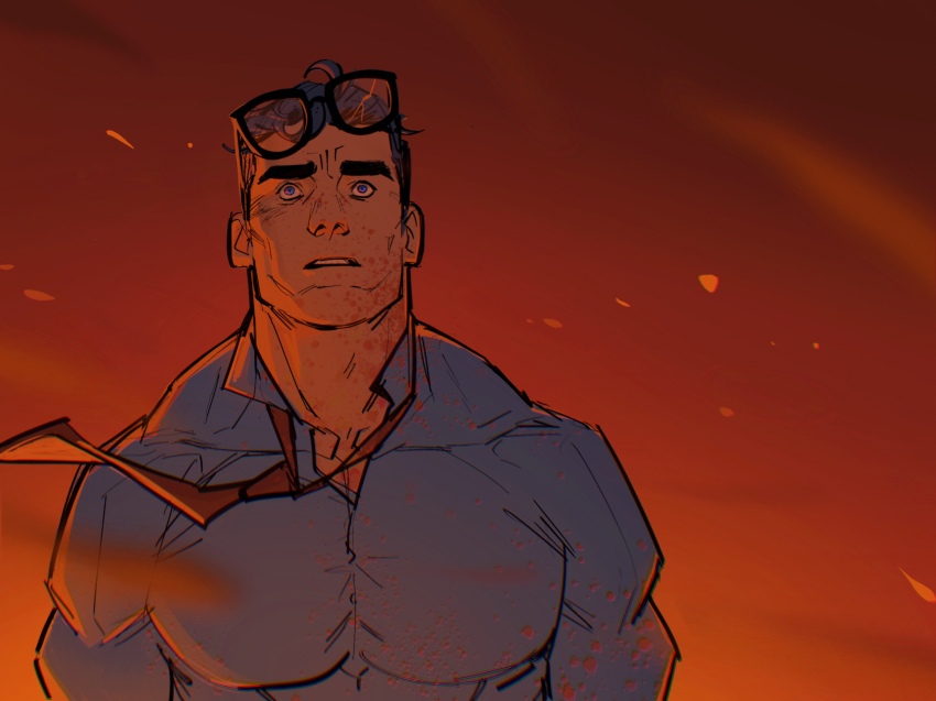 1boy, black-framed_eyewear, black_hair, blue_eyes, blue_shirt, clark_kent, collared_shirt, commentary, dc_comics, embers, english_commentary, eyewear_on_head, highres, januariat108, male_focus, muscular, muscular_male, necktie, open_collar, parted_lips, red_necktie, red_sky, shirt, short_hair, sky, solo, superman_(series), thick_eyebrows, tight_clothes, tight_shirt, upper_body