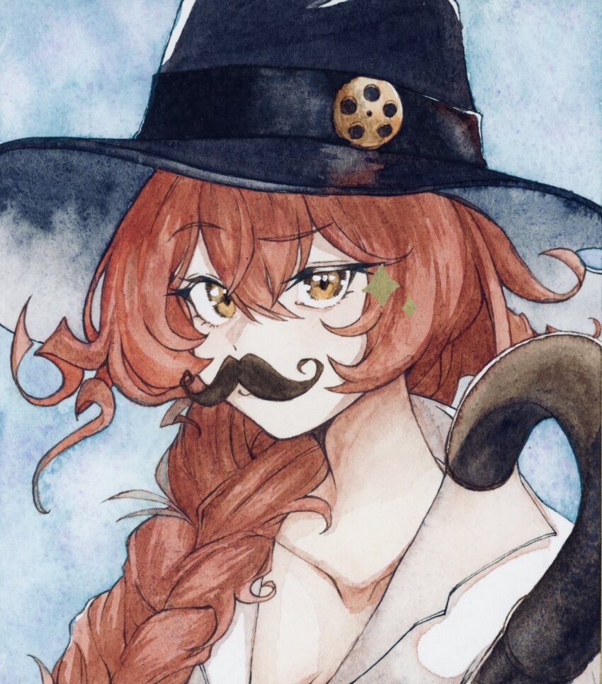 1girl, bette_(reverse:1999), black_hat, braid, brown_eyes, brown_hair, cane, commentary_request