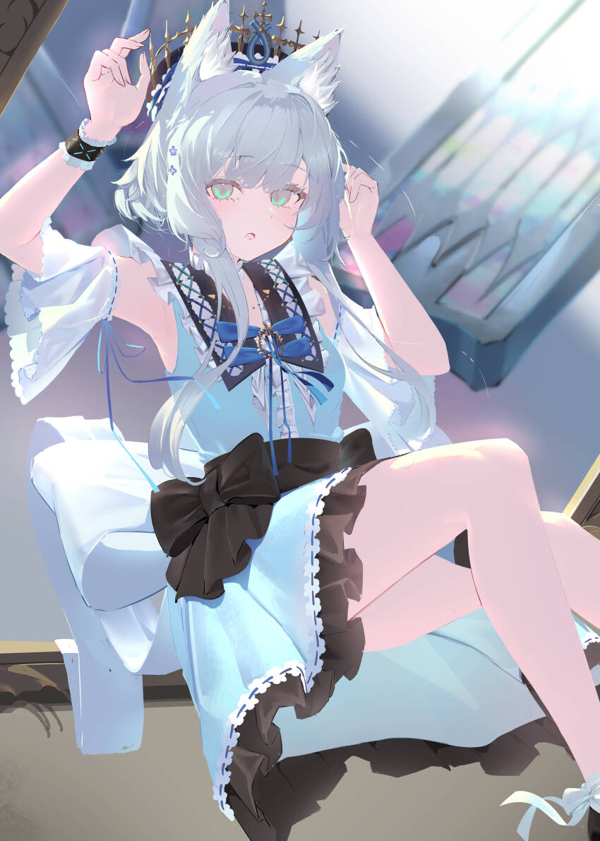 1girl, absurdres, animal_ear_fluff, animal_ears, arknights, armpits, arms_up, black_bow, blue_bow, blue_dress, blurry, blurry_background, bow, cat_ears, commentary_request, crown, depth_of_field, dress, feet_out_of_frame, frilled_dress, frills, green_eyes, grey_hair, highres, long_hair, looking_at_viewer, lycoris-fullbloom, parted_lips, rosmontis_(an_airy_dream)_(arknights), rosmontis_(arknights), single_wrist_cuff, sleeveless, sleeveless_dress, solo, very_long_hair, wrist_cuffs