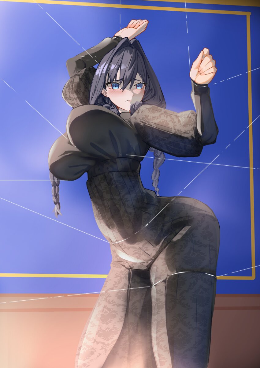 1girl, absurdres, arched_back, arms_up, bdsm, between_breasts, black_dress, black_hair