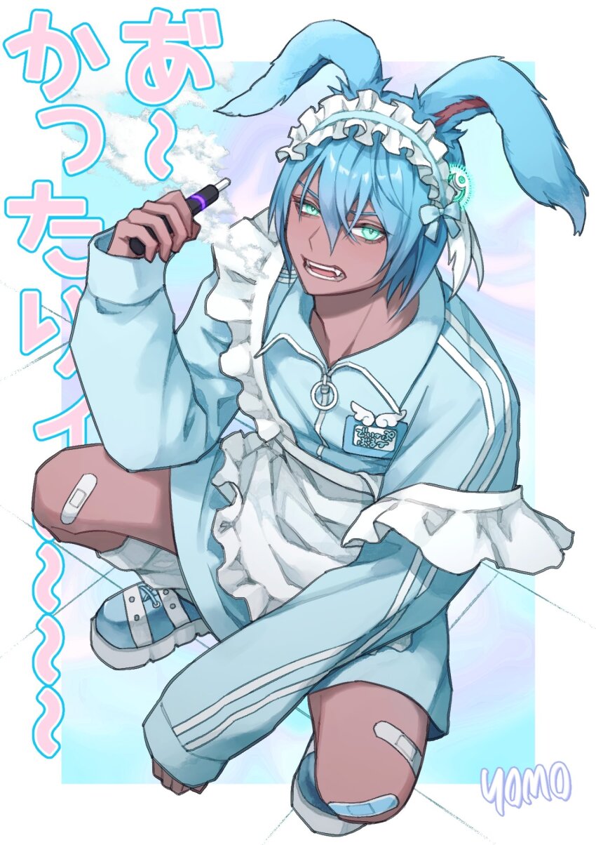 1boy, alternate_costume, animal_ears, apron, artist_name, bandaid, bandaid_on_knee, bandaid_on_leg