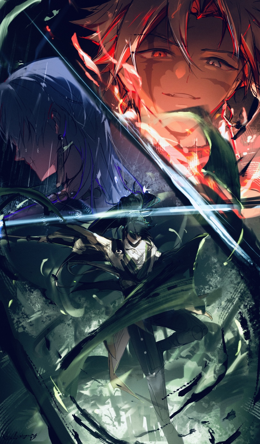 3boys, absurdres, black_hair, black_pants, burn_scar, cloak, cross, cross_earrings