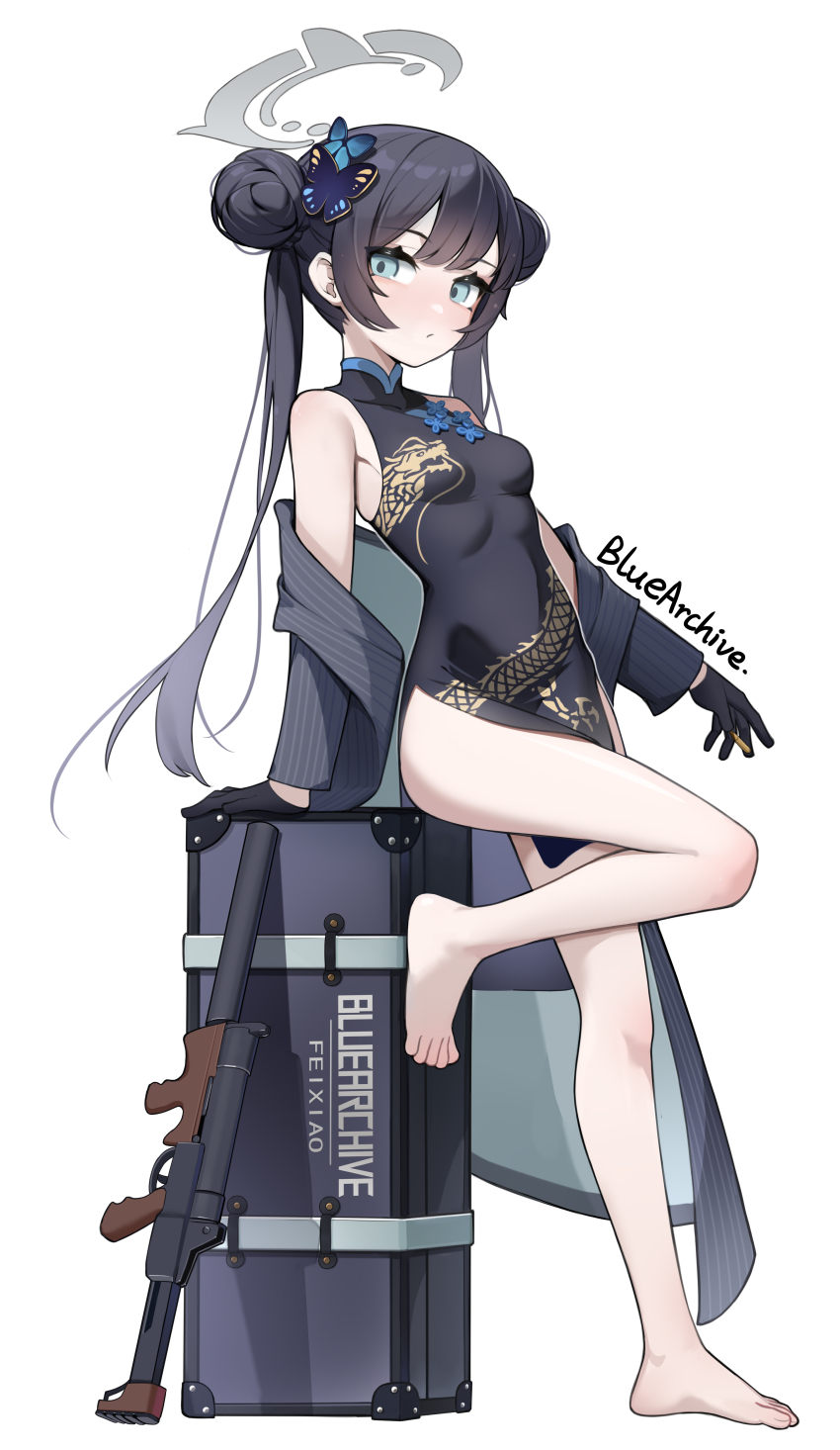 1girl, :/, absurdres, aqua_eyes, arm_support, bare_legs, bare_shoulders, barefoot