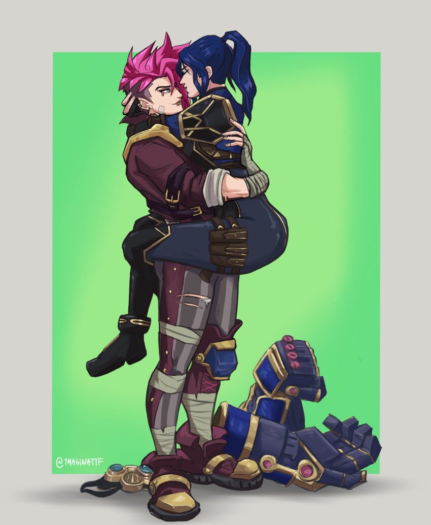1maginatif, 2girls, 2xko, ass, asymmetrical_hair, blue_hair, caitlyn_(league_of_legends), commentary, english_commentary, facial_tattoo, fingerless_gloves, gloves, highres, hug, knee_pads, league_of_legends, lifting_person, multiple_girls, official_alternate_costume, pink_hair, ponytail, sidecut, single_knee_pad, smile, standing, tattoo, undercut, vi_(league_of_legends), yuri