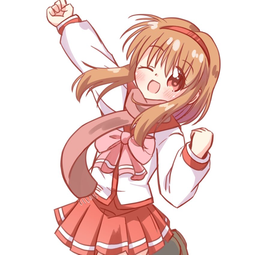 1girl, ;d, alternate_costume, arm_up, blush, bow, bowtie, brown_hair