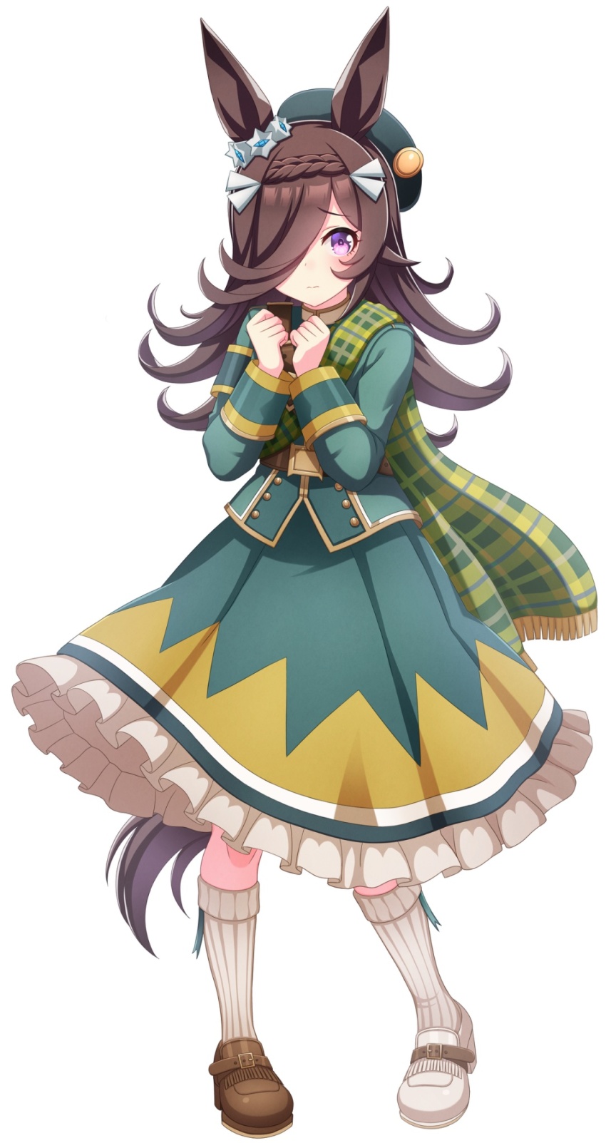 1girl, animal_ears, asymmetrical_footwear, beret, blush, braid, brown_hair, cape