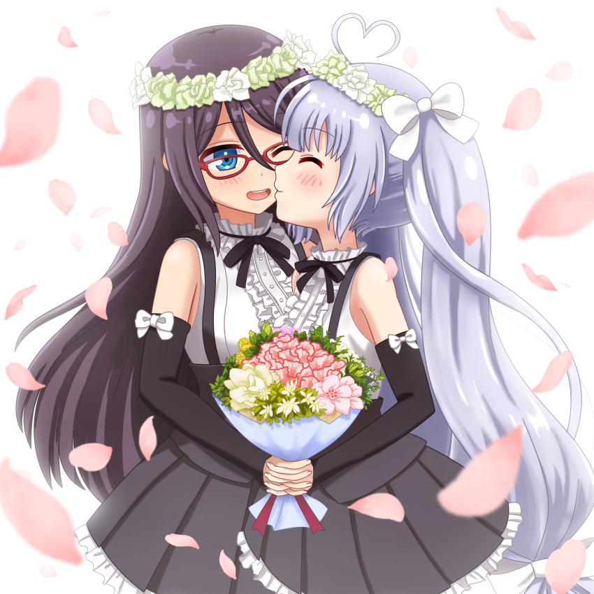 2girls, ahoge, assault_lily, black_skirt, blue_eyes, bouquet, commentary_request, detached_sleeves