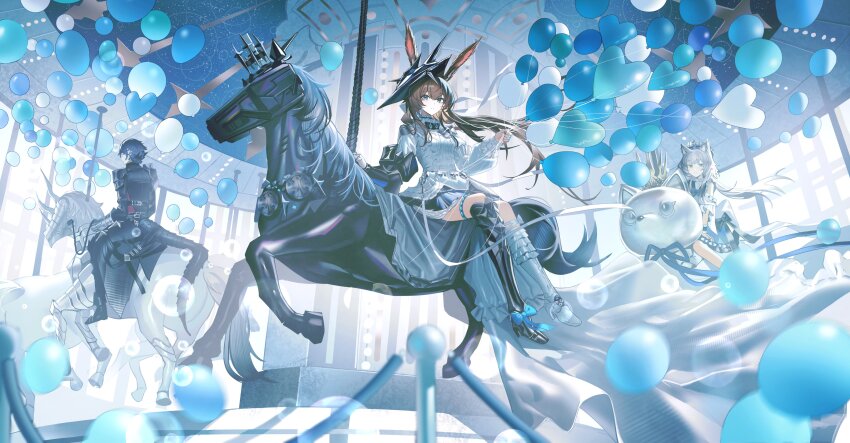 1boy, 2girls, absurdres, amiya_(arknights), amiya_(guard)_(arknights), amiya_(guard)_(in_a_myriad_of_universes)_(arknights), animal_ear_fluff, animal_ears