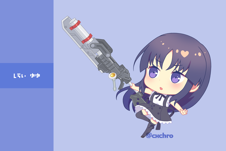 1girl, assault_lily, black_ribbon, black_skirt, black_thighhighs, blue_background, c-chrone, chibi