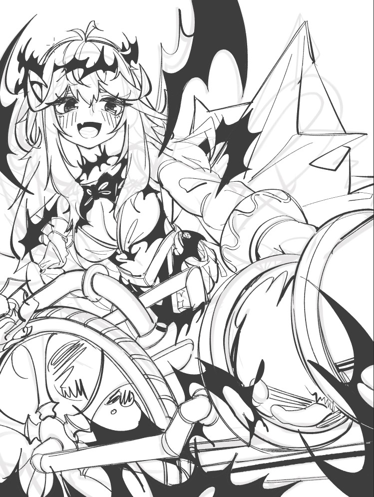 1girl, aludoru, breasts, cannon, chaos_aurora_(grimms_notes), cleavage, detached_sleeves, grimms_notes, holding_cannon, itomaki_no_madou_taihou_(grimms_notes), open_mouth, smile, solo, thorns, unfinished