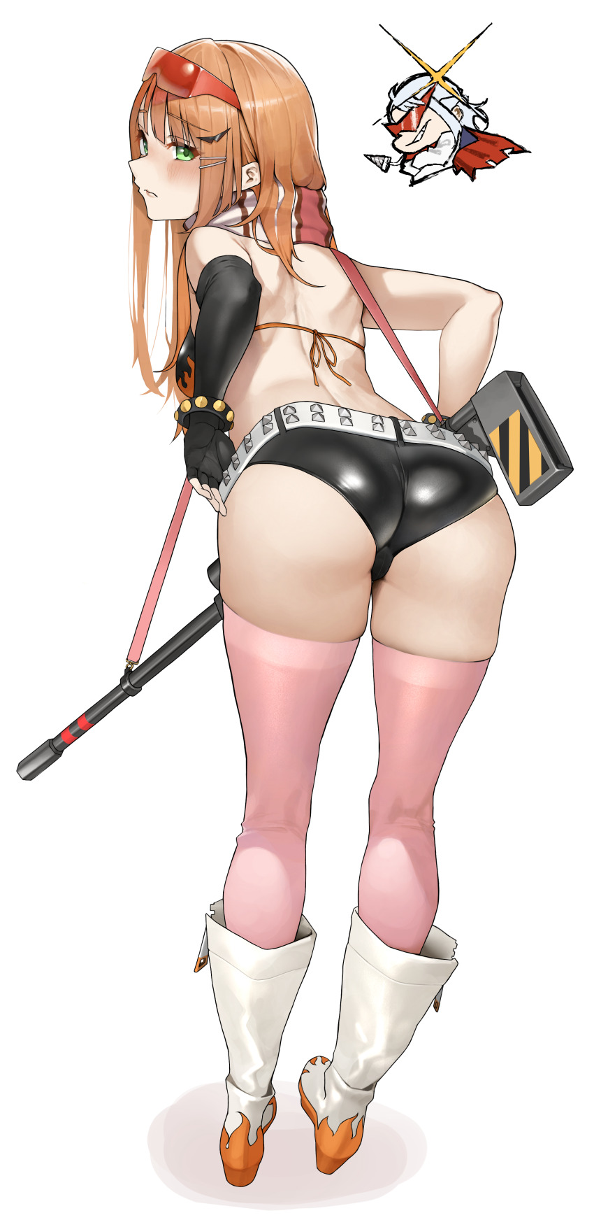 2girls, absurdres, ass, bikini, bikini_top_only, black_gloves, blush, boots, breasts, commentary_request, cosplay, eyewear_on_head, fingerless_gloves, from_behind, gakuen_idolmaster, gloves, green_eyes, hair_ornament, hairclip, highres, idolmaster, kamina_(ttgl), kamina_(ttgl)_(cosplay), katsuragi_lilja, knee_boots, long_hair, medium_breasts, multiple_girls, orange_hair, pink_thighhighs, saya_endo_(27), scarf, shiun_sumika, short_hair, short_shorts, shorts, simple_background, solo_focus, standing, swimsuit, tengen_toppa_gurren_lagann, thighhighs, white_background, white_boots, white_hair, yoko_littner, yoko_littner_(cosplay)