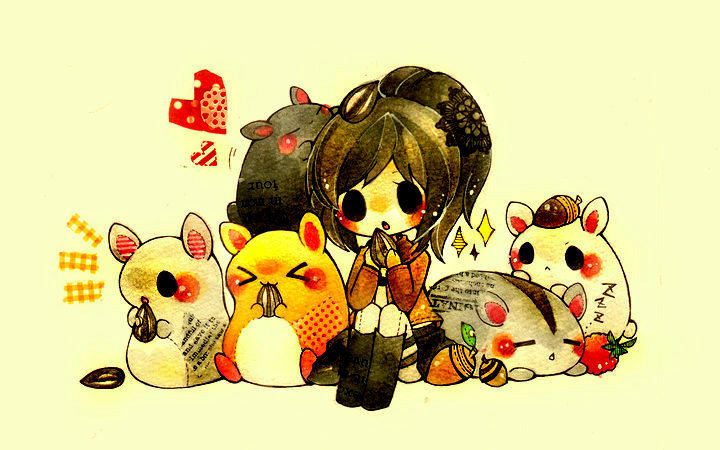 >_<, 1girl, acorn, black_hair, brown_jacket, commentary_request, eyelashes, hamster