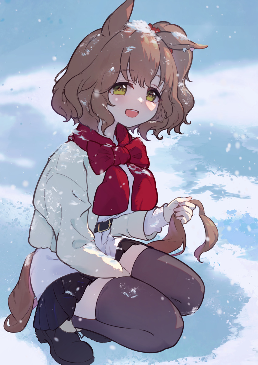 1girl, absurdres, animal_ears, aston_machan_(umamusume), belt, belt_buckle, black_belt, blush