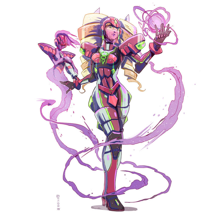 armor, artist_name, blonde_hair, drill_hair, em_wave_change_(mega_man), gloves, green_eyes, helmet