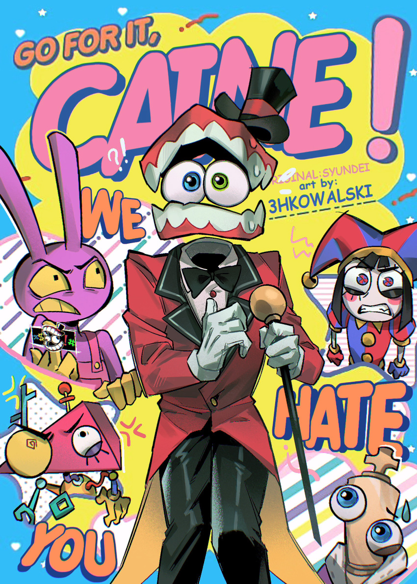 !?, 2girls, 3boys, 3hkowalski, angry, animal_ears, black_bow, black_bowtie