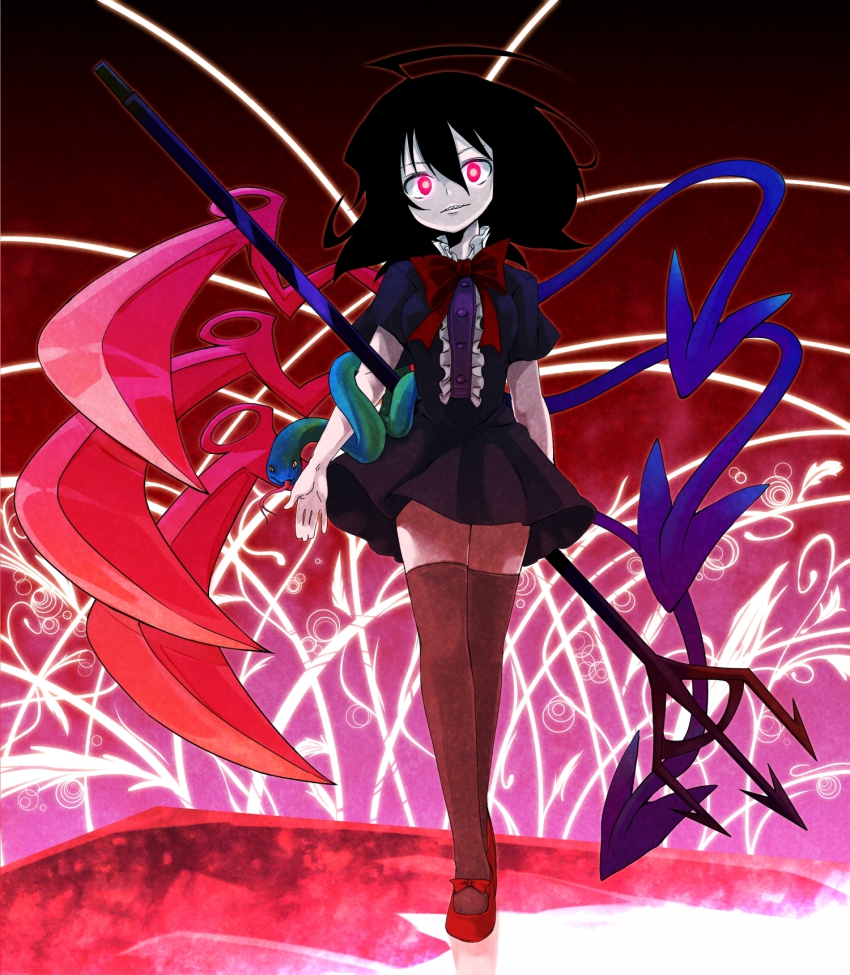 1girl, ass, asymmetrical_wings, bad_id, bad_pixiv_id, black_hair, black_thighhighs, bow