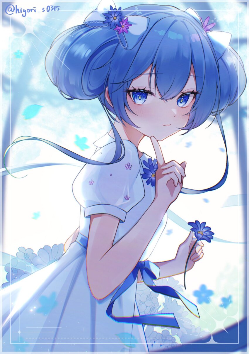 1girl, birthday, blue_eyes, blue_hair, blurry, blurry_background, bow, breasts