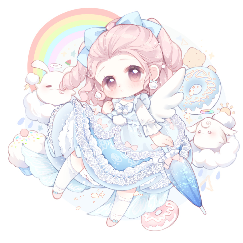 absurdres, blue_bow, blue_dress, blue_umbrella, bow, bow_earrings, bowtie, chinese_commentary