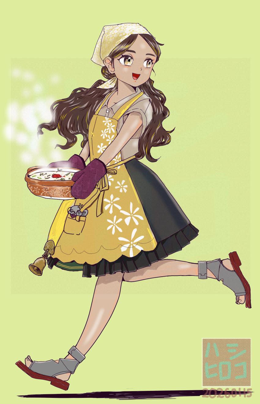 1girl, absurdres, apron, bandana, black_skirt, blonde_streaks, bowl, brown_shirt