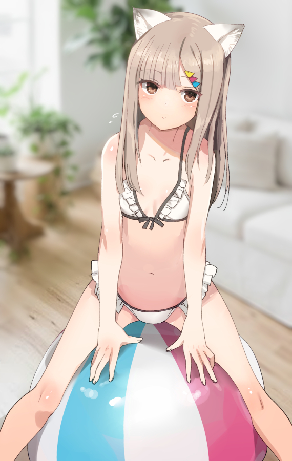 1girl, alice_gear_aegis, animal_ear_fluff, ball, bare_arms, bare_shoulders, beachball, bikini