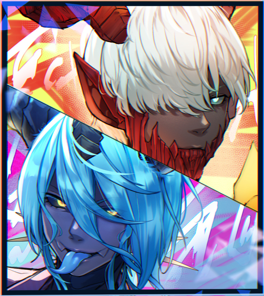 2boys, blue_eyes, blue_hair, blue_horns, blue_sclera, blue_skin, blue_tongue, colored_sclera