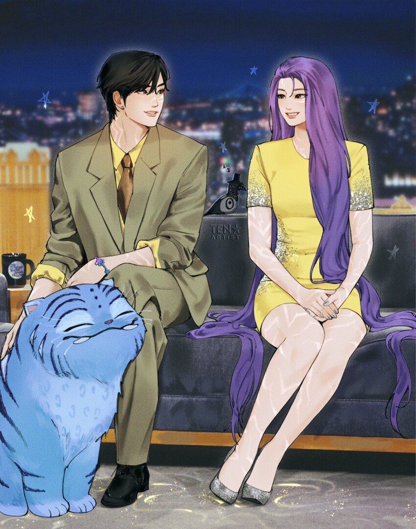 1boy, 1girl, alternate_costume, alternate_hairstyle, arm_markings, artist_name, bird, black_hair