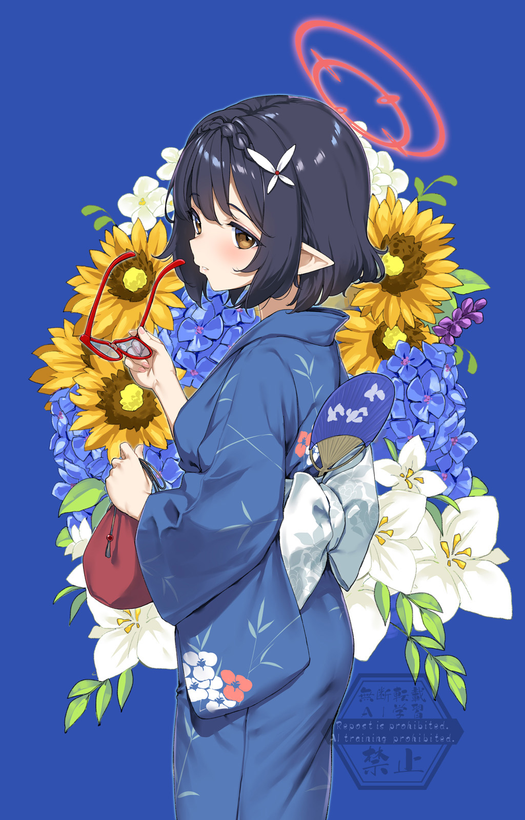 1girl, ayane_(blue_archive), black_hair, blue_archive, blue_background, blue_kimono, brown_eyes, closed_mouth