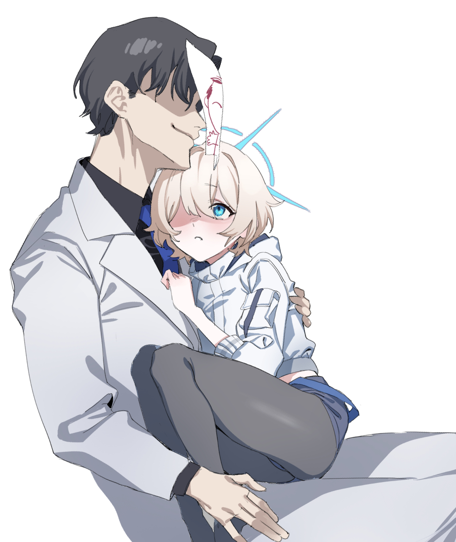 1boy, 1girl, arius_student_(blue_archive), banssee, black_pantyhose, blonde_hair, blue_archive, blue_eyes