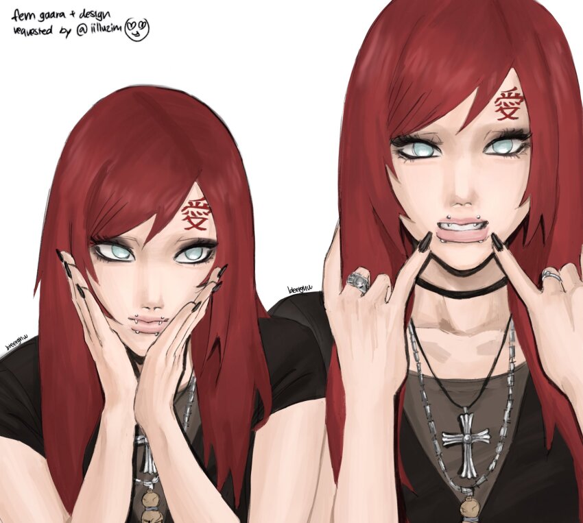 1girl, \n/, alternate_costume, alternate_hairstyle, angelbite_(piercing), artist_name, black_choker, black_eyeshadow, black_nails, black_shirt, bleeehrghw, choker, closed_mouth, collarbone, commentary, cross, cross_necklace, english_commentary, english_text, eyelashes, eyeshadow, facial_mark, fingernails, food-themed_necklace, forehead_mark, gaara_(naruto), genderswap, genderswap_(mtf), gourd, hands_on_own_cheeks, hands_on_own_face, hands_up, highres, jewelry, long_fingernails, long_hair, looking_at_viewer, looking_to_the_side, makeup, mascara, multiple_views, naruto_(series), necklace, no_eyebrows, no_pupils, open_mouth, portrait, red_hair, shirt, short_sleeves, silver_necklace, silver_ring, smokey_eyeshadow, snakebite_(piercing), swept_bangs, teeth, tight_clothes, tight_shirt, v-neck, white_background, y2k_fashion