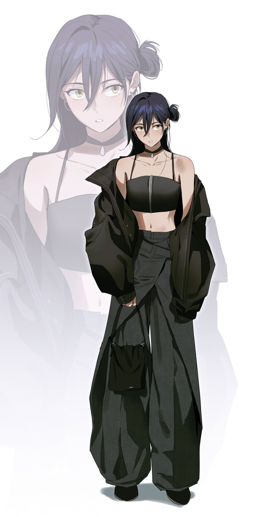 1girl, absurdres, bag, blush, choker, commentary_request, crop_top, earrings