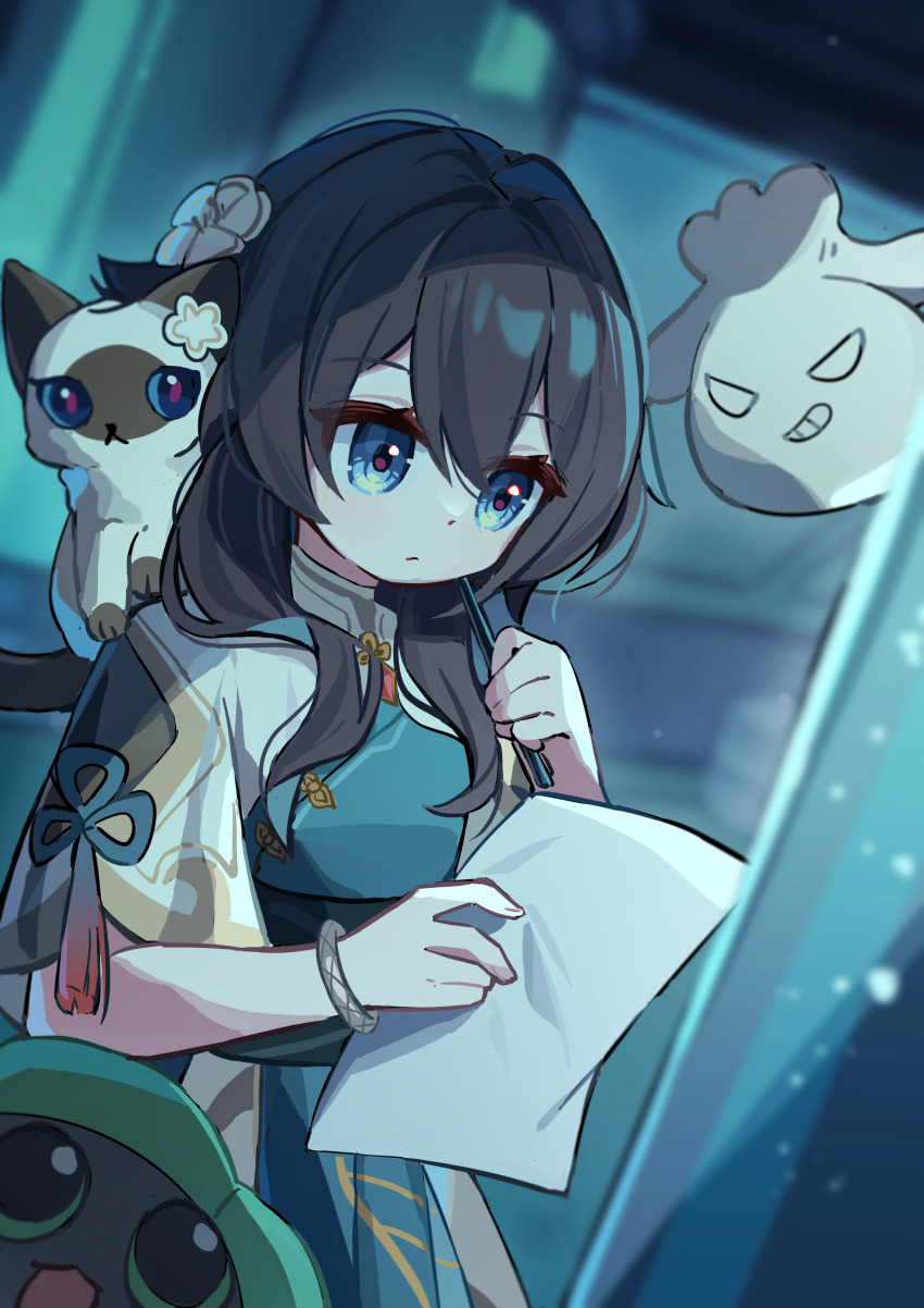 1girl, absurdres, animalization, aqua_eyes, black_hair, bracelet, cake_cat_(honkai:_star_rail), cat